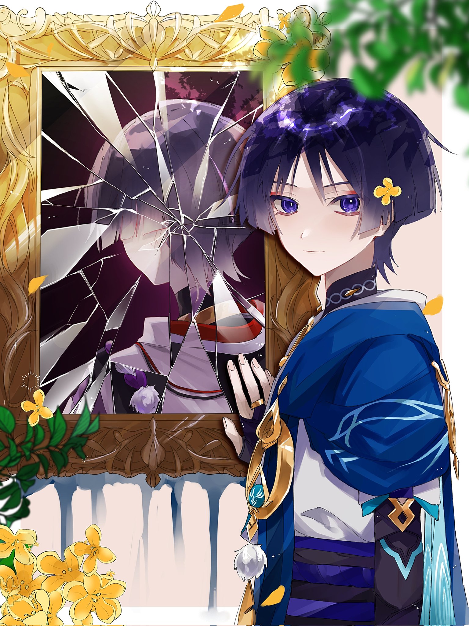 ego (ego inp), scaramouche (genshin impact), wanderer (genshin impact), genshin impact, highres, 1boy, anemo symbol (genshin impact), aqua gemstone, arm at side, belt, black belt, black collar, blue cape, blunt ends, blurry, bright pupils, broken glass, cape, closed mouth, collar, depth of field, different reflection, eyeliner, eyeshadow, feathers, fingernails, flower, from side, gem, glass, gold, gold ring, hair flower, hair ornament, hand on wall, hand up, japanese clothes, kimono, leaf, looking at viewer, makeup, male focus, mandarin collar, middle ring, mirror, open hand, pom pom (clothes), purple eyes, purple hair, purple rope, purple sash, red eyeliner, red eyeshadow, reflection, rope, sash, smile, solo, tsurime, white kimono, white pupils, white trim, wispy bangs, yellow feathers, yellow flower
