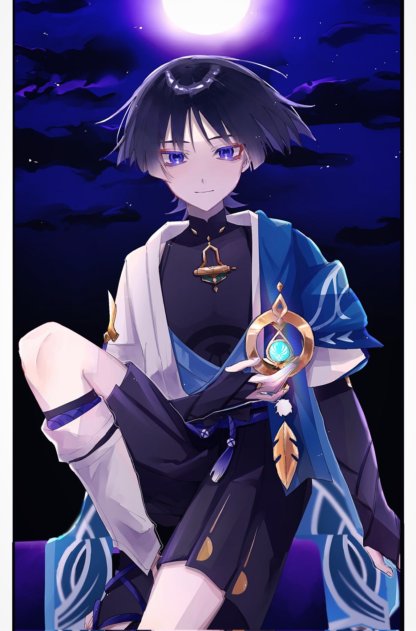 ego (ego inp), scaramouche (genshin impact), wanderer (genshin impact), genshin impact, highres, 1boy, anemo symbol (genshin impact), aqua gemstone, arm at side, armor, belt, black belt, black bodysuit, black bow, black bridal gauntlets, black hair, black shorts, blue cape, blue kimono, blue rope, blue sash, blue sleeves, blunt ends, bodysuit, border, bow, bridal gauntlets, bridal legwear, cape, closed mouth, cloud, cloudy sky, colored eyelashes, colored inner hair, eyeliner, eyeshadow, feathers, fingernails, full moon, furisode, gem, glowing gem, gold, gold ring, hakama, hakama shorts, japanese armor, japanese clothes, juban, kimono, knee up, kote, kurokote, layered sleeves, leg warmers, looking at viewer, makeup, male focus, mandarin collar, middle ring, moon, moonlight, multicolored hair, night, night sky, open clothes, open kimono, pillarboxed, pleated shorts, pom pom (clothes), purple eyes, purple hair, red eyeliner, red eyeshadow, rope, sash, short sleeves, shorts, shoulder peek, sitting, sky, smile, solo, star (sky), starry sky, stirrup legwear, tassel, toeless legwear, toenails, tsurime, white border, white kimono, white leg warmers, white sleeves, white trim, yellow feathers