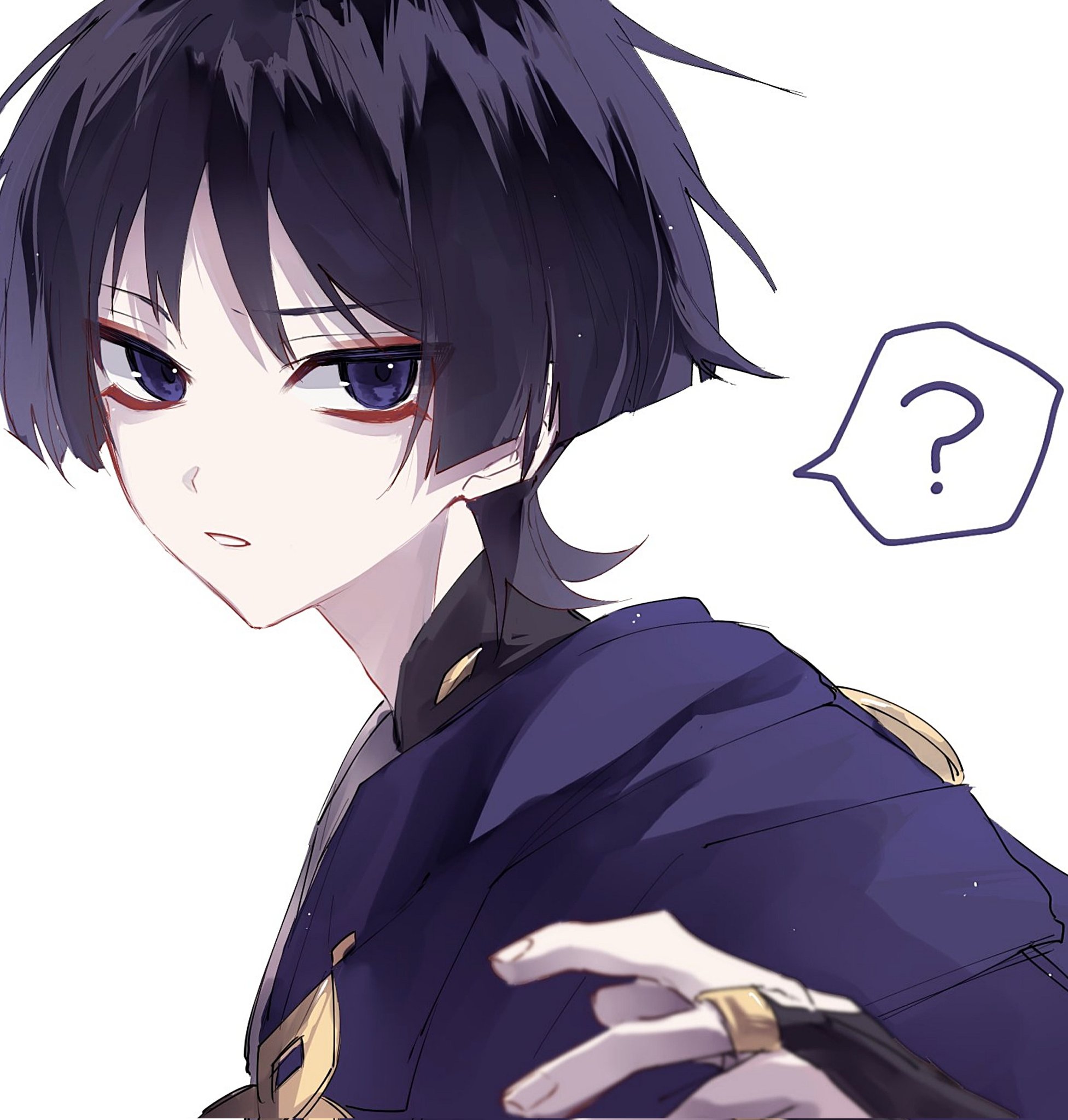ego (ego inp), scaramouche (genshin impact), wanderer (genshin impact), genshin impact, highres, 1boy, ?, adam's apple, black bridal gauntlets, black collar, black hair, blunt ends, blurry, bridal gauntlets, cape, collar, depth of field, eyeliner, eyeshadow, fingernails, from side, gold ring, looking at viewer, makeup, male focus, mandarin collar, middle ring, multicolored hair, open hand, open mouth, parted lips, purple cape, purple eyes, purple hair, red eyeliner, red eyeshadow, solo, spoken question mark, streaked hair, tsurime, white background, white mouth, wispy bangs