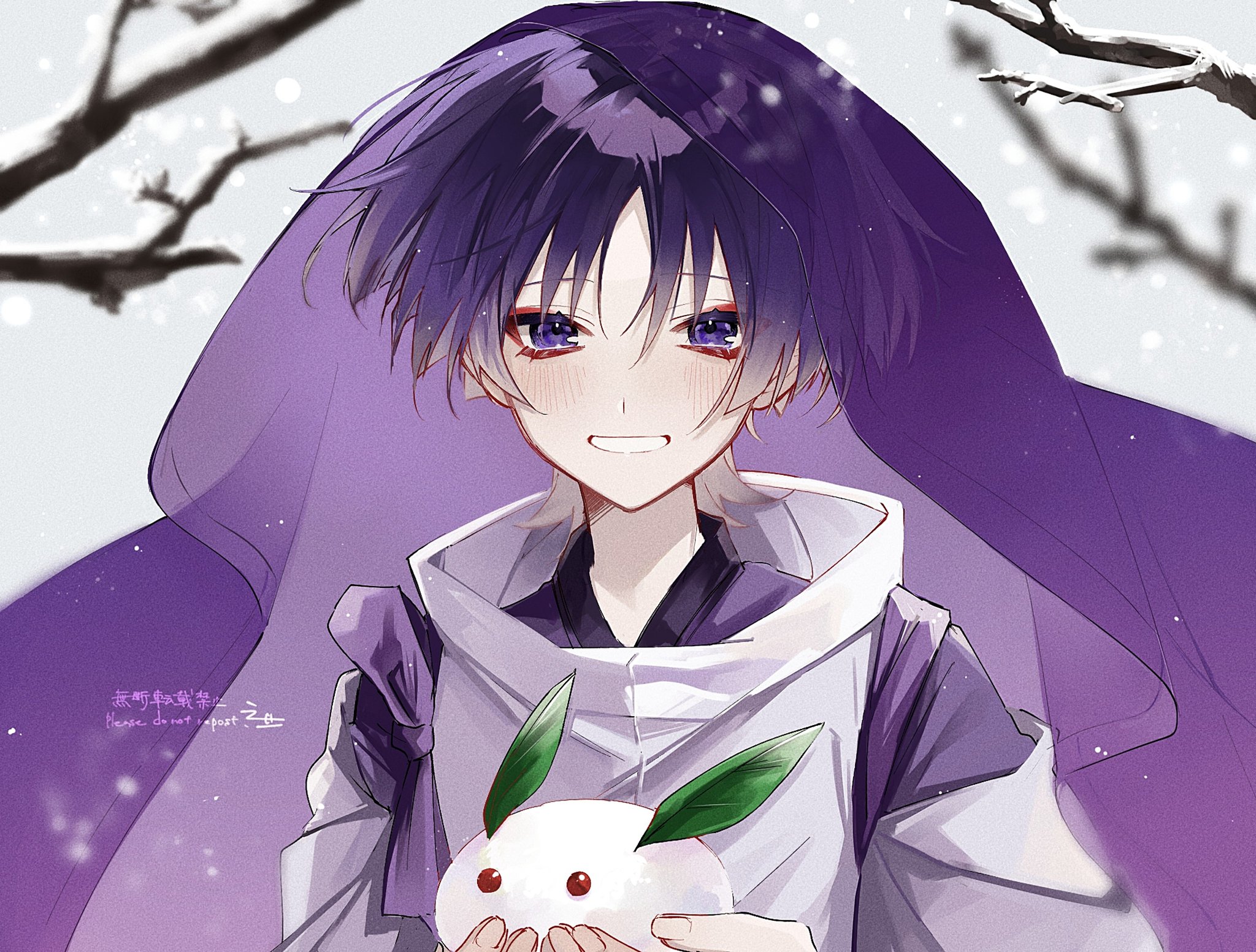 ego (ego inp), scaramouche (genshin impact), scaramouche (kabukimono) (genshin impact), genshin impact, highres, translation request, 1boy, bare tree, blunt ends, blush, bow, branch, clothing cutout, eyeliner, eyeshadow, happy, holding, japanese clothes, kimono, layered sleeves, leaf, looking at viewer, makeup, male focus, open mouth, outdoors, overcast, pebble, portrait, purple bow, purple eyes, purple hair, purple kimono, purple sleeves, purple veil, red eyeliner, red eyeshadow, see-through clothes, see-through veil, shoulder cutout, sky, snow rabbit, snowball, snowing, solo, tasuki, tree, tsurime, veil, white mouth, white sleeves, wispy bangs