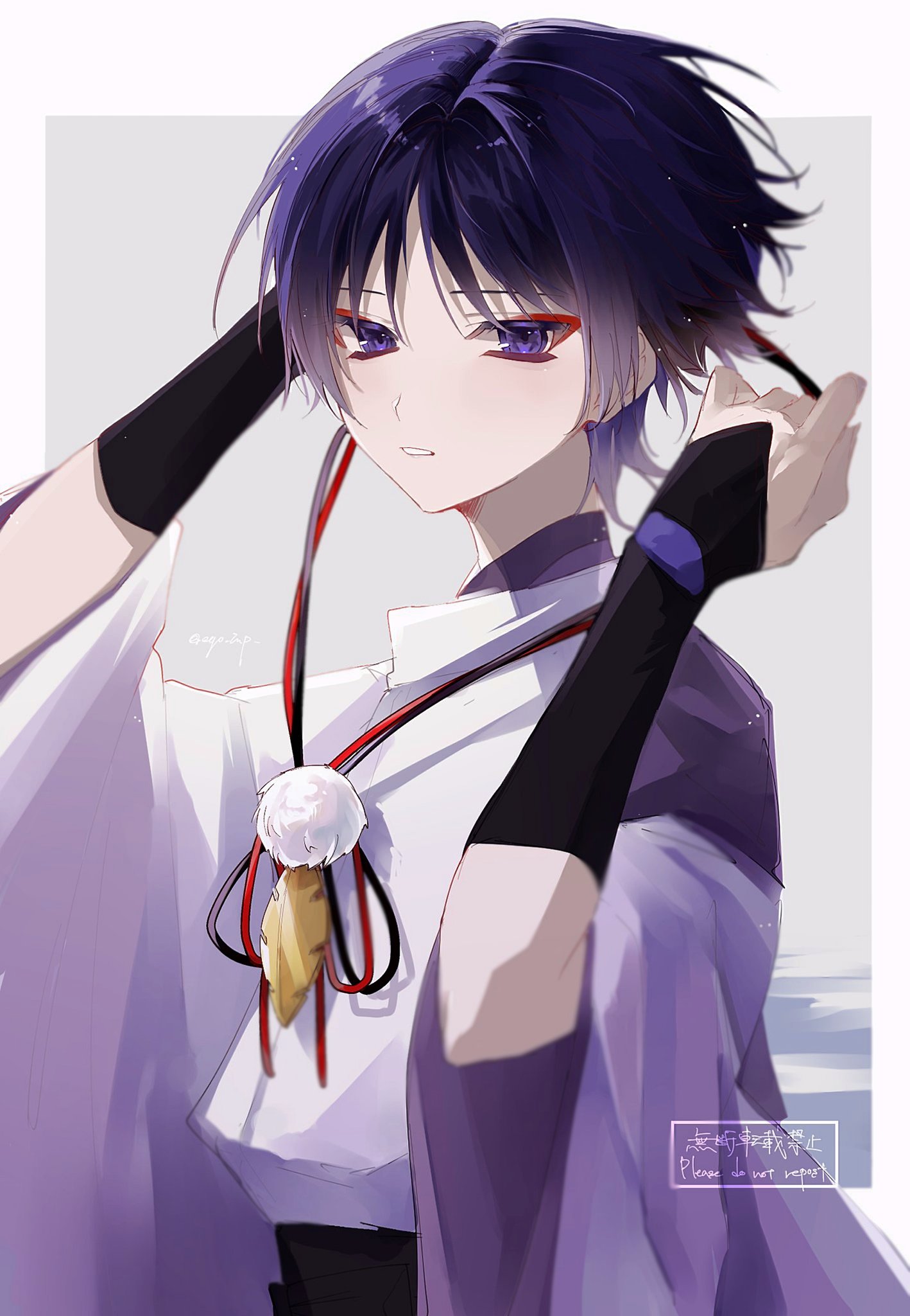 ego (ego inp), scaramouche (genshin impact), scaramouche (kabukimono) (genshin impact), genshin impact, highres, 1boy, armor, black sash, blunt ends, border, eyeliner, eyeshadow, feathers, grey background, hands up, japanese armor, japanese clothes, kariginu, kote, kurokote, layered sleeves, looking at viewer, makeup, male focus, parted lips, pom pom (clothes), purple eyes, purple hair, purple sleeves, red eyeliner, red eyeshadow, sash, solo, string, tsurime, upper body, watermark, white border, white mouth, white sleeves, wide sleeves, wispy bangs, yellow feathers