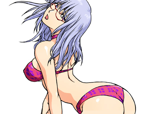 kon-kit, sarutobi ayame, gintama, lowres, 00s, 1girl, :o, arched back, ass, back, bent over, bikini, blue eyes, blue hair, breasts, covered erect nipples, female focus, glasses, large breasts, long hair, matching hair/eyes, open mouth, print bikini, profile, sideboob, simple background, solo, swimsuit