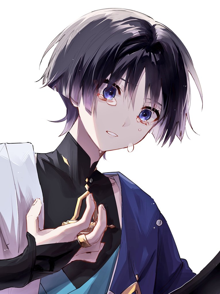 ego (ego inp), scaramouche (genshin impact), wanderer (genshin impact), genshin impact, 1boy, black bodysuit, black bridal gauntlets, black hair, blue kimono, blunt ends, bodysuit, bridal gauntlets, cape, colored tips, covered collarbone, crying, crying with eyes open, eyelashes, eyeliner, eyeshadow, fingernails, gold ring, hand up, japanese clothes, juban, kimono, lipgloss, looking down, makeup, male focus, mandarin collar, middle ring, multicolored hair, open clothes, open hand, open kimono, open mouth, portrait, purple cape, purple eyes, purple hair, red eyeliner, red eyeshadow, shoulder peek, solo, tears, white background, white kimono, white mouth, wide-eyed, wispy bangs