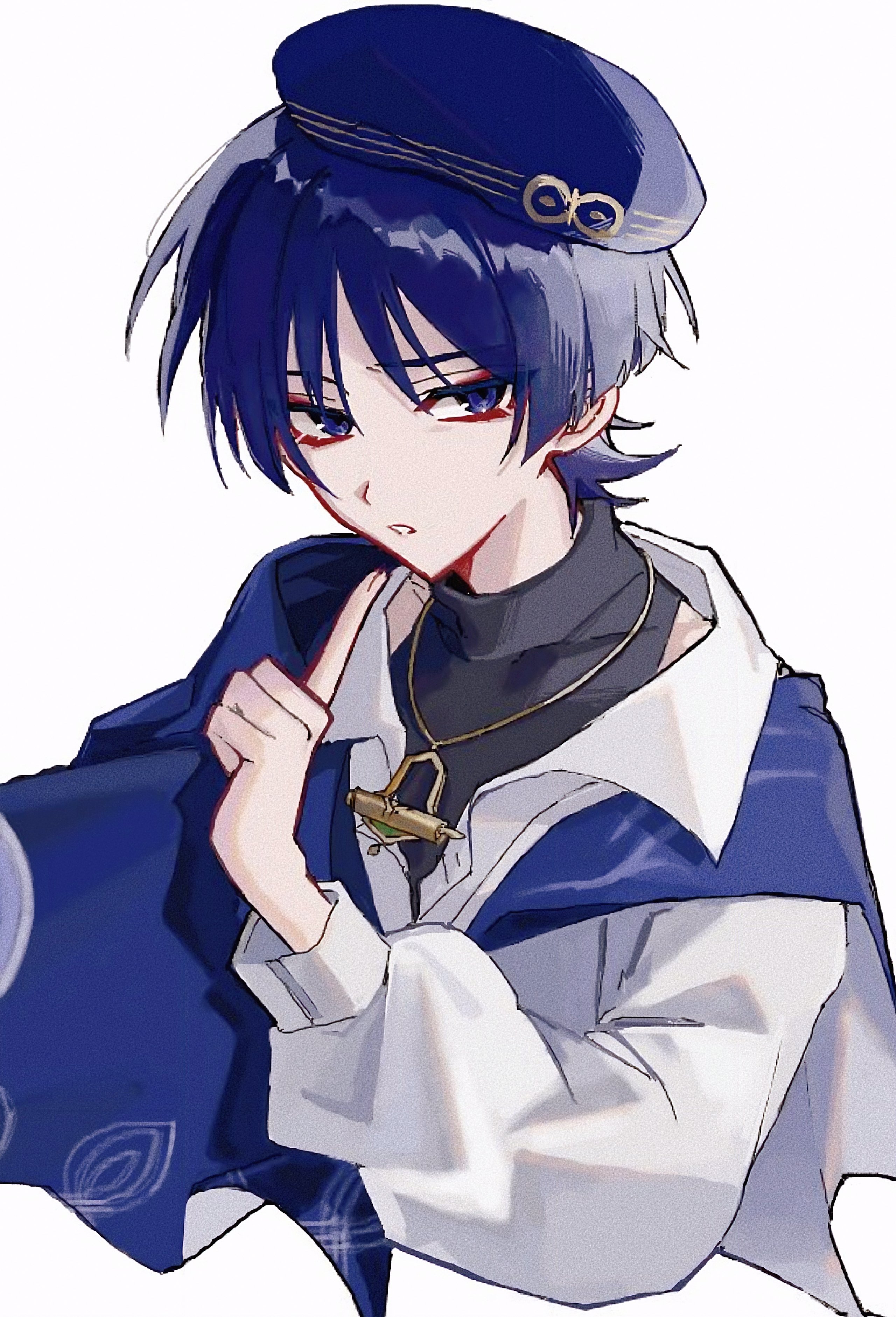 ego (ego inp), scaramouche (genshin impact), wanderer (genshin impact), wanderer (wanderer impression) (genshin impact), genshin impact, absurdres, highres, 1boy, beret, black shirt, blue hat, blue shawl, blunt ends, casual, collared shirt, contemporary, covered collarbone, cropped torso, eyeliner, eyeshadow, fingernails, gold necklace, gold pendant, gold trim, hand up, hat, index finger raised, jewelry, long sleeves, looking at viewer, makeup, male focus, necklace, official alternate costume, open mouth, puffy sleeves, purple eyes, purple hair, red eyeliner, red eyeshadow, shawl, shirt, shoulder peek, solo, tsurime, turtleneck, turtleneck shirt, undershirt, white background, white mouth, white shirt, white sleeves, wispy bangs