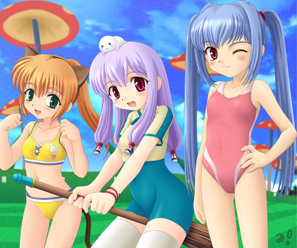 hana, miracle!, puff, hana (pangya), kooh (pangya), tiki (pangya), pangya, non-web source, 3girls, animal ears, bikini, blue hair, blush, bodysuit, broom, broom riding, cat ears, child, cloud, competition swimsuit, day, flat chest, grass, green eyes, hand on own hip, hip focus, long hair, multiple girls, mushroom, navel, object on head, one-piece swimsuit, one eye closed, orange hair, outdoors, paw pose, pink eyes, ponytail, purple hair, quad tails, red eyes, sky, smile, sports bikini, swimsuit, thigh gap, thighhighs, thighs, twintails, very long hair, wink