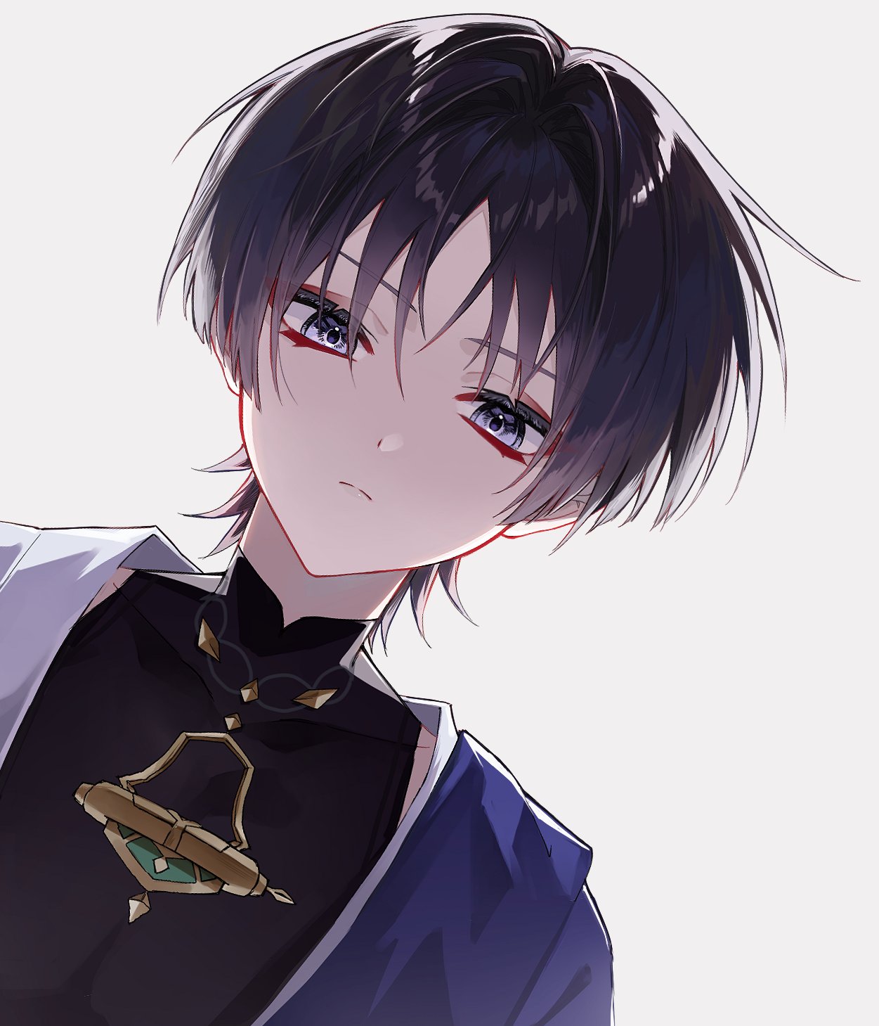 ego (ego inp), scaramouche (genshin impact), wanderer (genshin impact), genshin impact, highres, 1boy, black bodysuit, blunt ends, bodysuit, cape, closed mouth, covered collarbone, dutch angle, expressionless, eyelashes, eyeliner, eyeshadow, hair intakes, japanese clothes, kimono, lipgloss, looking at viewer, makeup, male focus, mandarin collar, purple cape, red eyeliner, red eyeshadow, shoulder peek, solo, split mouth, tsurime, white background, white kimono, wispy bangs