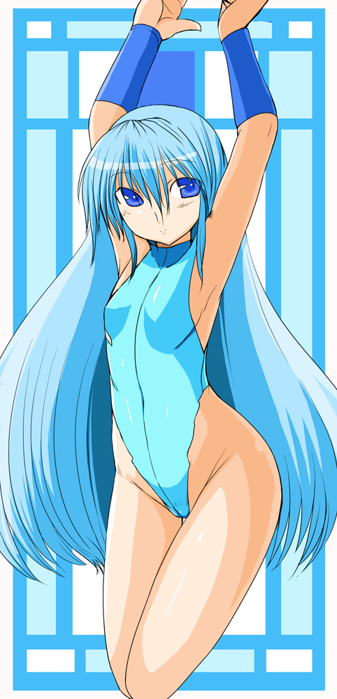 za (artist), bad id, bad pixiv id, armpits, arms up, blue eyes, blue hair, flat chest, leotard, long hair, solo, wristband