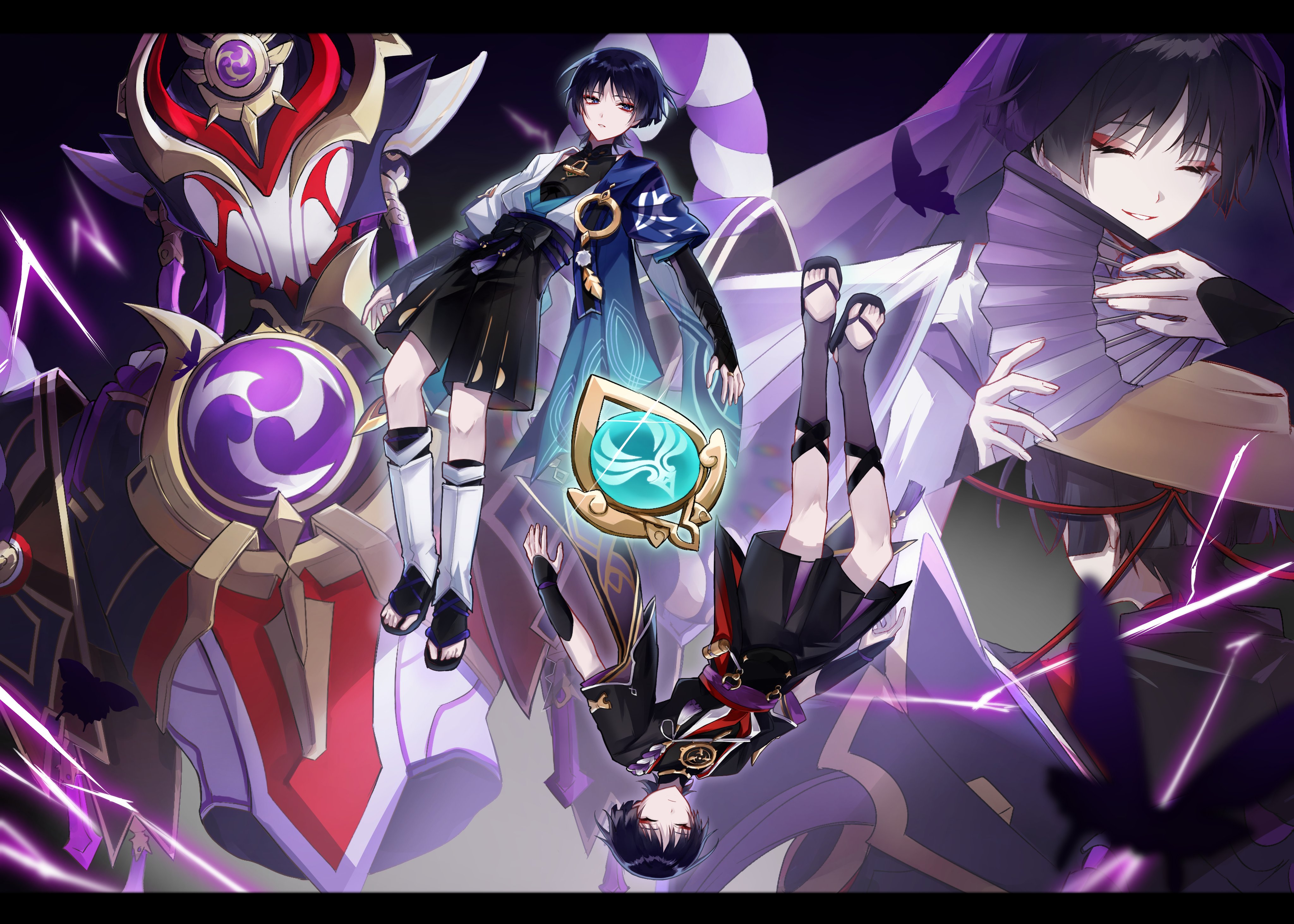 ego (ego inp), kuronushi (genshin impact), scaramouche (genshin impact), scaramouche (kabukimono) (genshin impact), scaramouche (shouki no kami) (genshin impact), wanderer (genshin impact), genshin impact, facing up, absurdres, highres, 4boys, anemo symbol (genshin impact), aqua gemstone, armor, arms at sides, belt, black belt, black bodysuit, black bow, black bridal gauntlets, black hair, black kimono, black sandals, black shorts, blue cape, blue kimono, blue sleeves, blunt ends, bodysuit, bow, bridal gauntlets, brown hat, bug, butterfly, cape, closed eyes, closed mouth, clothing cutout, eyeliner, eyeshadow, facing away, facing down, feathers, fingernails, folding fan, furisode, gem, glint, gold, hakama, hakama shorts, hand fan, hat, holding, holding fan, ichimegasa, insect, japanese armor, japanese clothes, jewelry, juban, kariginu, kimono, kote, kurokote, layered shorts, layered sleeves, leg warmers, looking to the side, makeup, mandarin collar, mecha, middle ring, mitsudomoe (shape), monochrome background, multiple boys, multiple persona, neck ring, open clothes, open kimono, parted lips, pleated shorts, pom pom (clothes), purple electricity, purple rope, purple sash, purple shorts, purple veil, red eyeliner, red eyeshadow, red kimono, red sash, red sleeves, robot, rope, sandals, sash, shimenawa, short sleeves, shorts, shoulder cutout, shoulder peek, smile, tassel, toenails, toes, tomoe (symbol), tsurime, upside-down, veil, vision (genshin impact), white kimono, white mouth, white rope, white sleeves, white trim, wispy bangs, yellow feathers, zouri