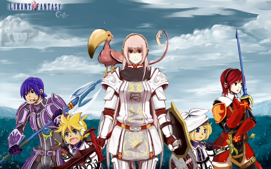 yoruniyoruyoshi, black mage (final fantasy), buront, dragoon (final fantasy), hatsune miku, kagamine len, kagamine rin, kaito (vocaloid), megurine luka, meiko (vocaloid), paladin (final fantasy), red mage (final fantasy), white mage (final fantasy), final fantasy, final fantasy xi, vocaloid, bad id, bad pixiv id, 2boys, 3girls, animal, animal on shoulder, bird, bird on shoulder, blonde hair, blue eyes, blue hair, brown eyes, brown hair, buront (cosplay), cosplay, crossover, dragoon, dual wielding, holding, long hair, multiple boys, multiple girls, paladin, parody, pink hair, shield, short hair, sword, very long hair, weapon, yoshi (ninja)