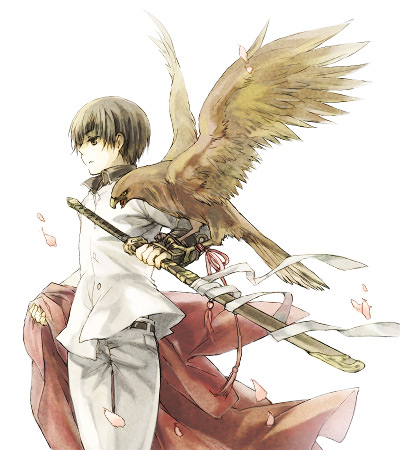 kuroemon, japan (hetalia), axis powers hetalia, lowres, 00s, 1boy, animal on arm, bird, bird on arm, cherry blossoms, formal clothes, male focus, ribbon, short hair, simple background, solo, sword, weapon, wind