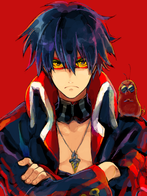 kuroemon, boota (ttgl), simon (ttgl), tengen toppa gurren lagann, 00s, 1boy, aged up, blue hair, choker, core drill, crossed arms, drill, goggles, male focus, short hair, solo, tegaki, upper body