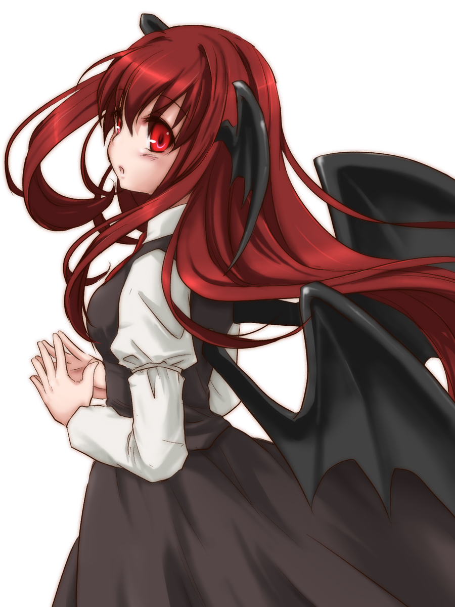 mizuki riko, koakuma, embodiment of scarlet devil, touhou, bad id, bad pixiv id, highres, 1girl, bat wings, female focus, head wings, long hair, red eyes, red hair, solo, wings