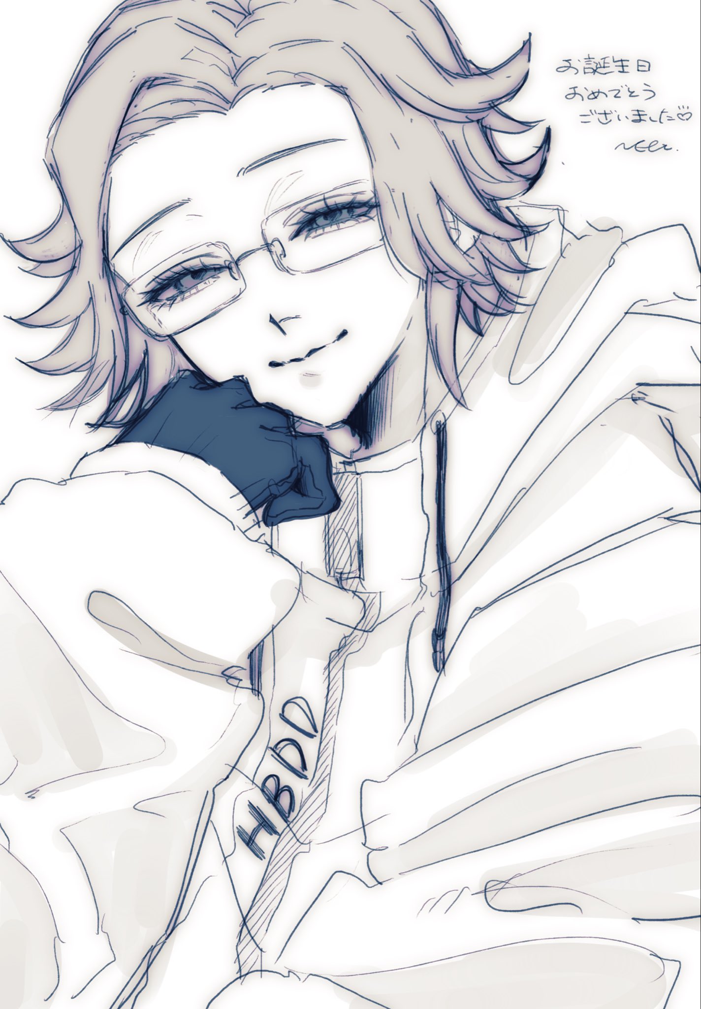 dn0lt, aotsuki eito, the hundred line -last defense academy-, commentary request, highres, translation request, 1boy, eyelashes, gift art, glasses, gloves, greyscale, hand up, hatching (texture), head rest, jacket, light smile, linear hatching, looking at viewer, male focus, monochrome, short hair, sketch, solo, squinting
