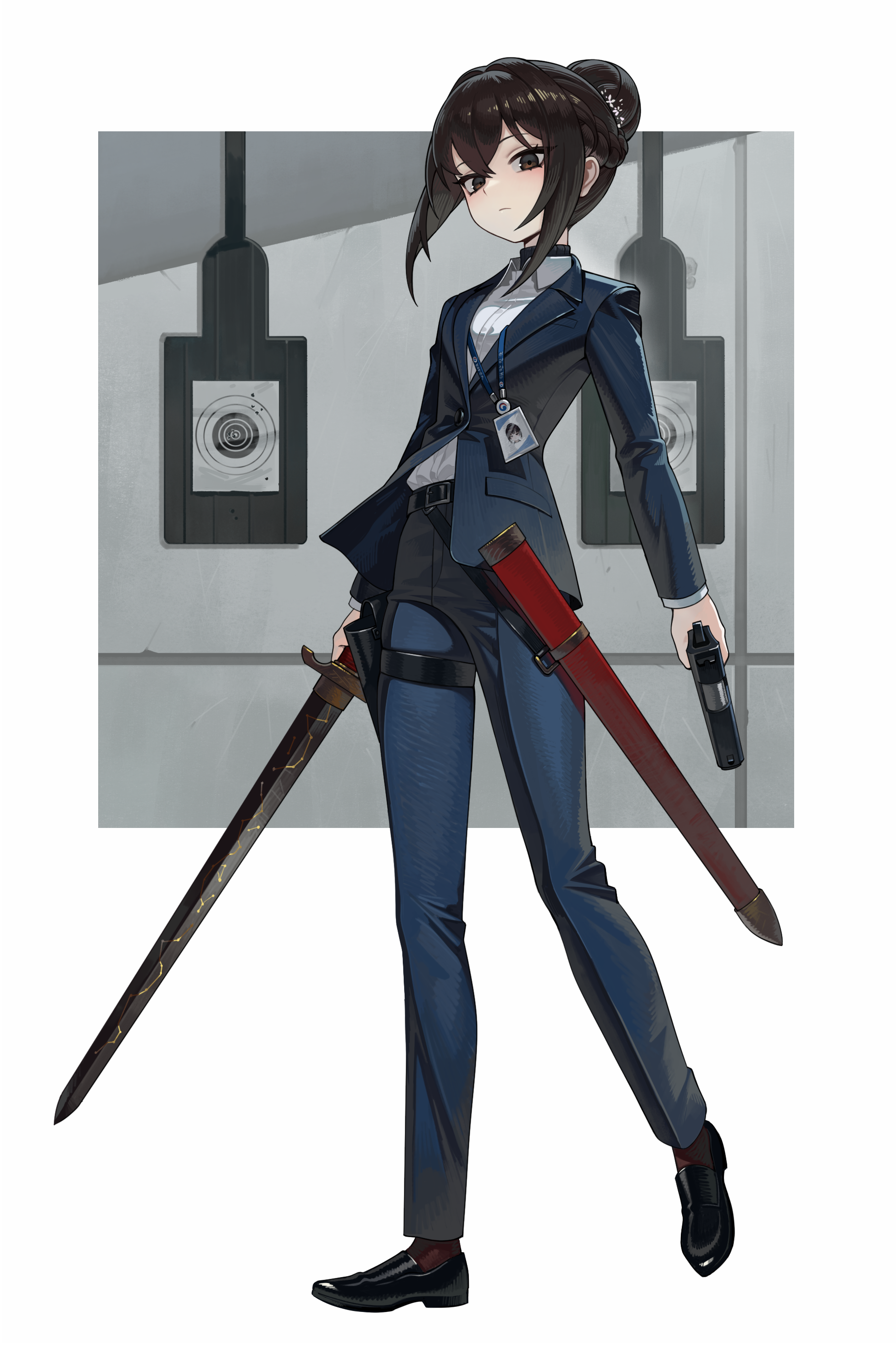 gemi ningen, original, absurdres, commentary, highres, korean commentary, mixed-language commentary, 1girl, asymmetrical dual wielding, belt, black belt, black hair, black shoes, blue jacket, blue pants, blue suit, braid, brown eyes, collared shirt, dress pants, dress shirt, dress shoes, dual wielding, formal clothes, full body, gun, hair between eyes, hair bun, handgun, holding, holding gun, holding sword, holding weapon, id card, jacket, lanyard, long sleeves, looking at viewer, pant suit, pants, sheath, shirt, shoes, simple background, single hair bun, solo, standing, suit, suit jacket, sword, thigh strap, weapon, white background, white shirt