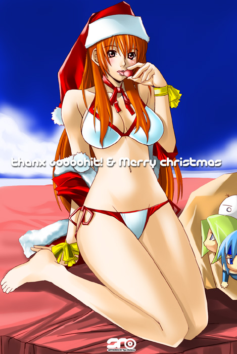 ooshima ryou, kasumi (doa), dead or alive, tecmo, 1girl, barefoot, beach, bikini, blush, breasts, brown eyes, brown hair, christmas, hat, kneeling, large breasts, long hair, santa bikini, santa costume, santa hat, side-tie bikini bottom, swimsuit