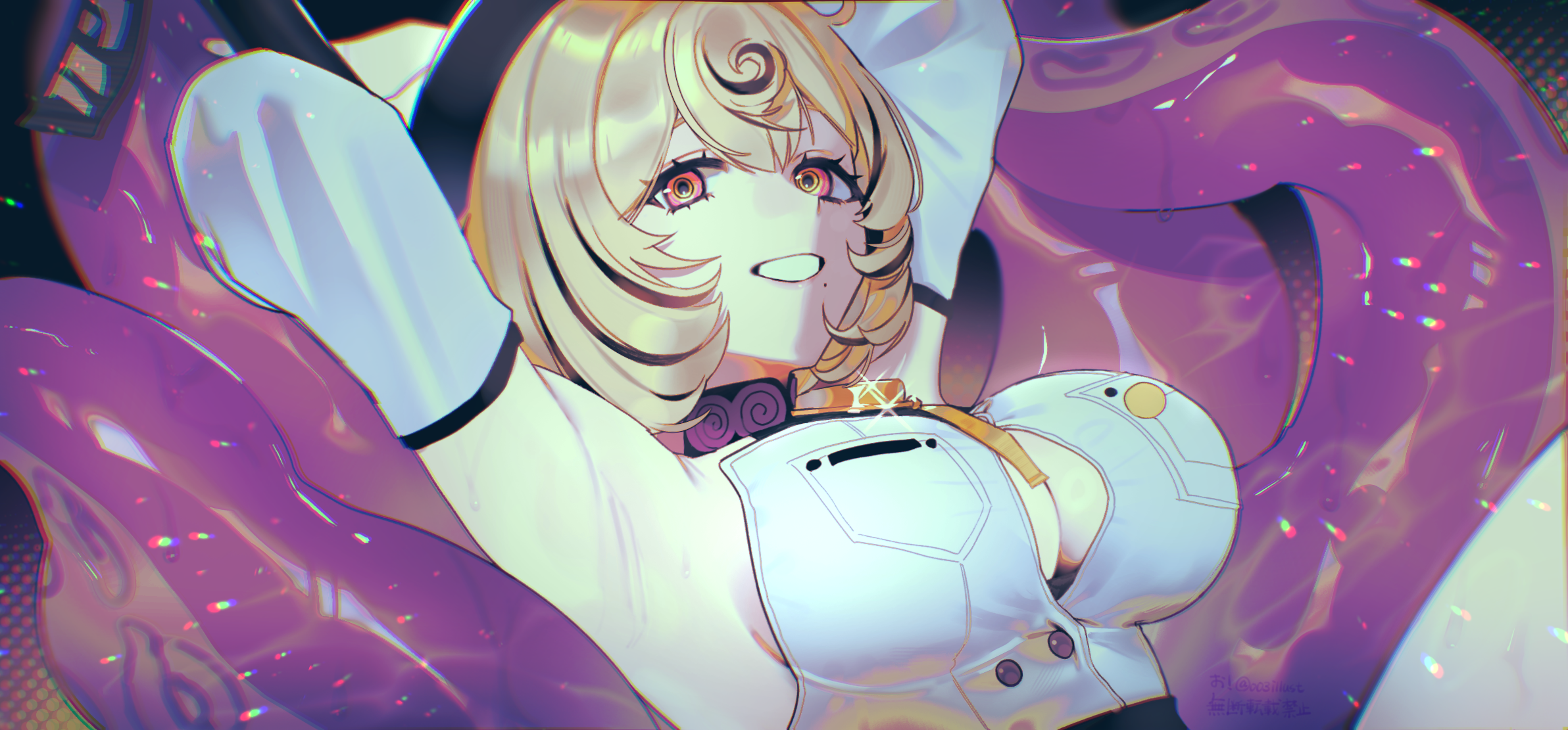 ume (yuuki-110813), zenless zone zero, highres, 1girl, armpits, arms up, black background, black hair, blonde hair, breasts, cleavage, cleavage cutout, clothing cutout, detached sleeves, high-waist shorts, large breasts, looking at viewer, mole, mole under mouth, monster girl, multicolored hair, orange eyes, scylla, short hair, shorts, sideboob, sleeveless, sleeveless turtleneck, smile, solo, streaked hair, teeth, tentacles, turtleneck, yidhari murphy