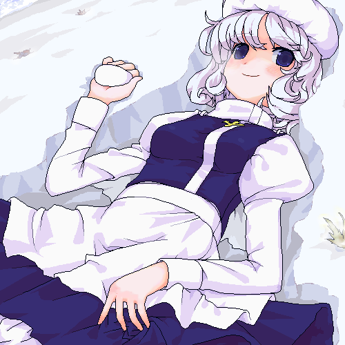 ktsecond, letty whiterock, touhou, lowres, 1girl, curly hair, female focus, hat, lying, oekaki, outdoors, plant, snow, solo, white hair, white hat