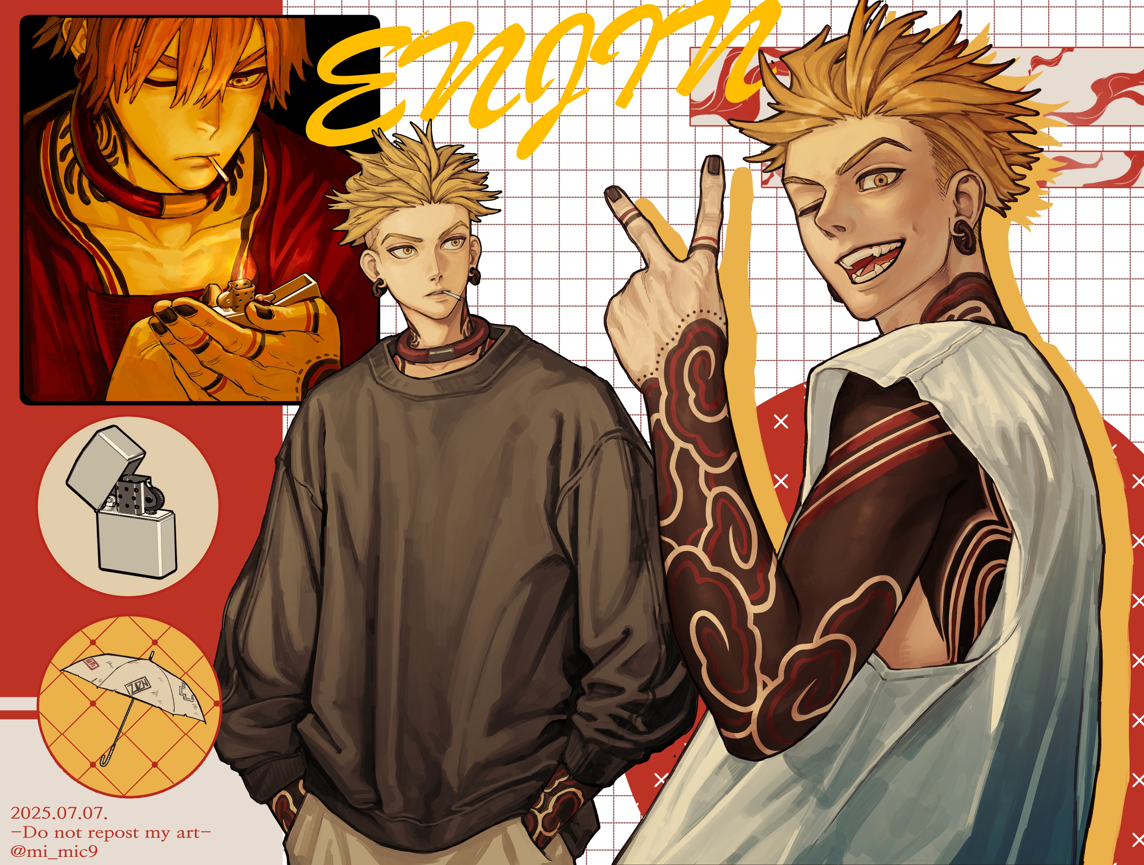 jugang140, enjin (gachiakuta), gachiakuta, absurdres, commentary request, highres, korean commentary, 1boy, arm tattoo, black nails, blonde hair, character name, cigarette, dated, earrings, finger tattoo, grid background, hands in pockets, jewelry, lighter, looking at viewer, male focus, multiple views, one eye closed, open mouth, short hair, sleeveless, smile, tattoo, teeth, twitter username, v, yellow eyes