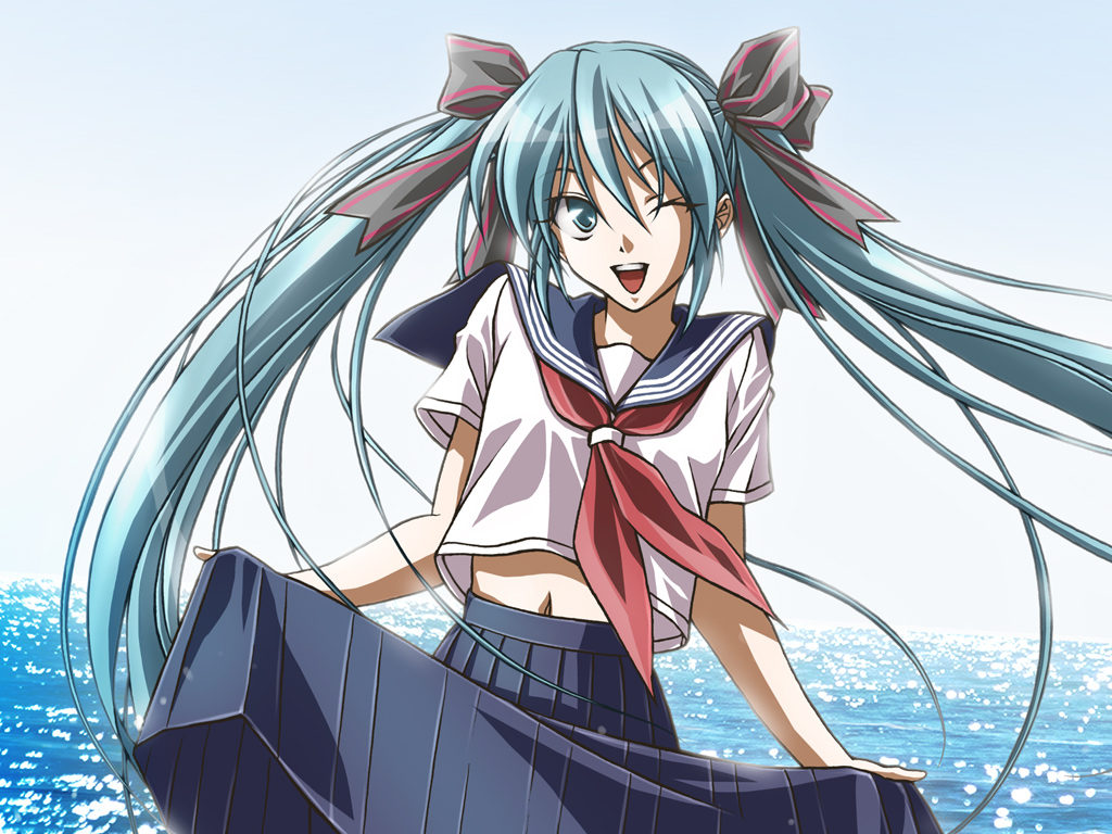 mid knight, hatsune miku, vocaloid, bad id, bad pixiv id, aqua eyes, aqua hair, bow, hair bow, hair ribbon, long hair, navel, one eye closed, ribbon, school uniform, serafuku, skirt, skirt hold, solo, twintails, water, wink