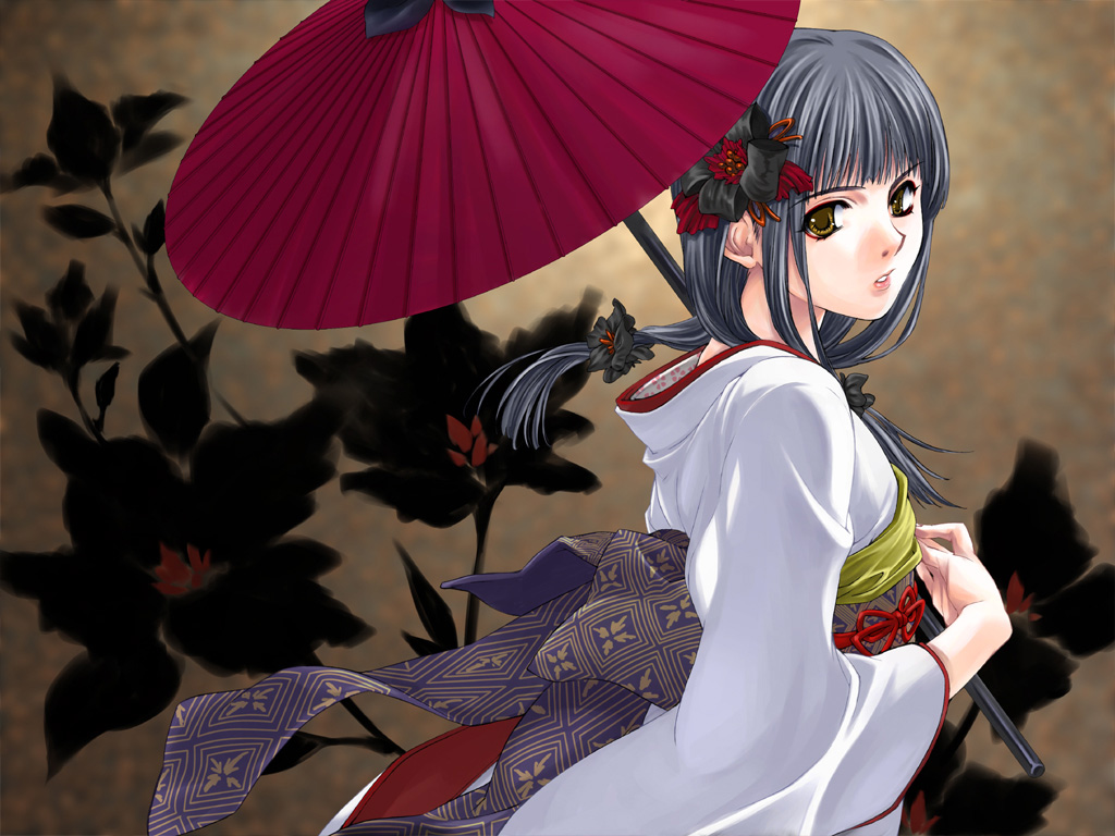 1girl, female focus, flower, grey hair, japanese clothes, kimono, long hair, oil-paper umbrella, ribbon, solo, umbrella, yellow eyes