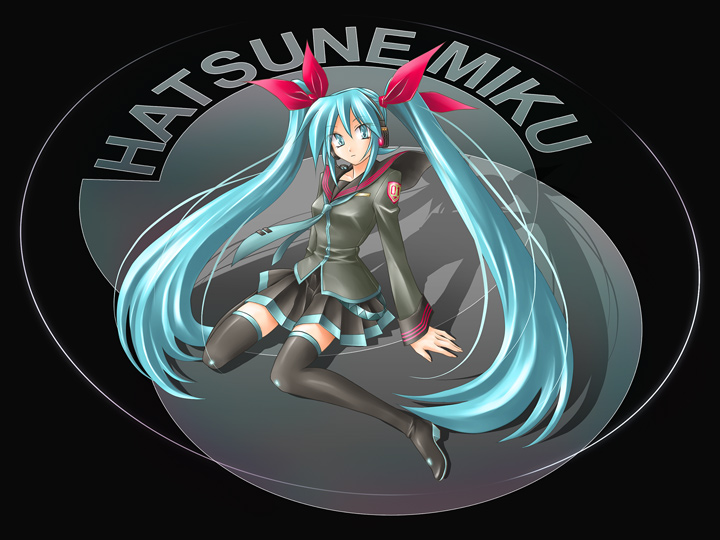 mid knight, hatsune miku, vocaloid, bad id, bad pixiv id, aqua eyes, aqua hair, character name, hair ribbon, headset, long hair, necktie, ribbon, school uniform, sitting, skirt, solo, thighhighs, twintails, very long hair