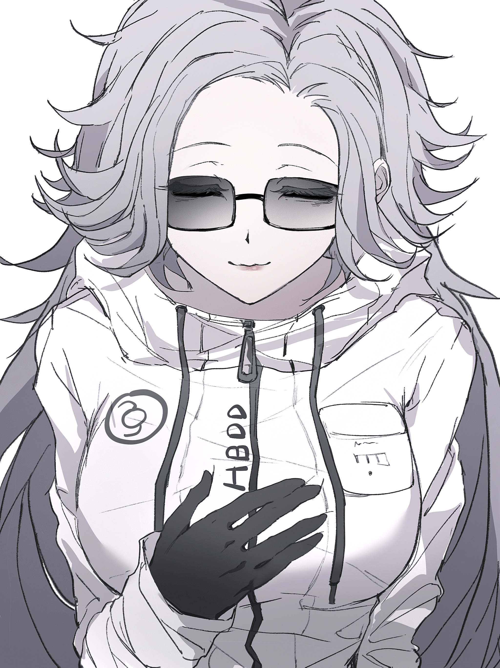 aotsuki eito, the hundred line -last defense academy-, absurdres, commentary request, highres, 1girl, 7tannnnnn, black gloves, breast pocket, breasts, closed eyes, drawstring, facing viewer, genderswap, genderswap (mtf), gloves, grey hair, hand on own chest, jacket, large breasts, light smile, long hair, lower lip only, pocket, simple background, solo, sunglasses, upper body, white background, white jacket