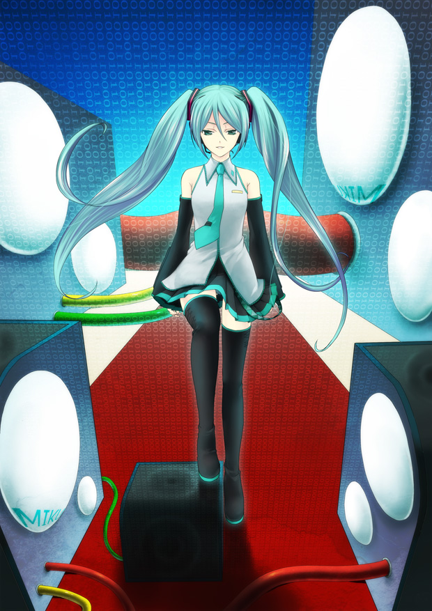 mikou, mikou (toromappo), hatsune miku, vocaloid, bad id, bad pixiv id, 1girl, aqua eyes, aqua hair, detached sleeves, female focus, long hair, necktie, skirt, solo, thighhighs, twintails