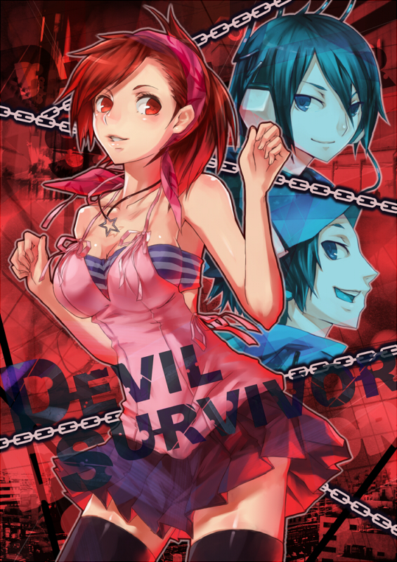 4hands, kihara atsurou, protagonist (devil survivor), tanigawa yuzu, devil survivor 1, tanigawa, thighhighs, zettai ryouiki