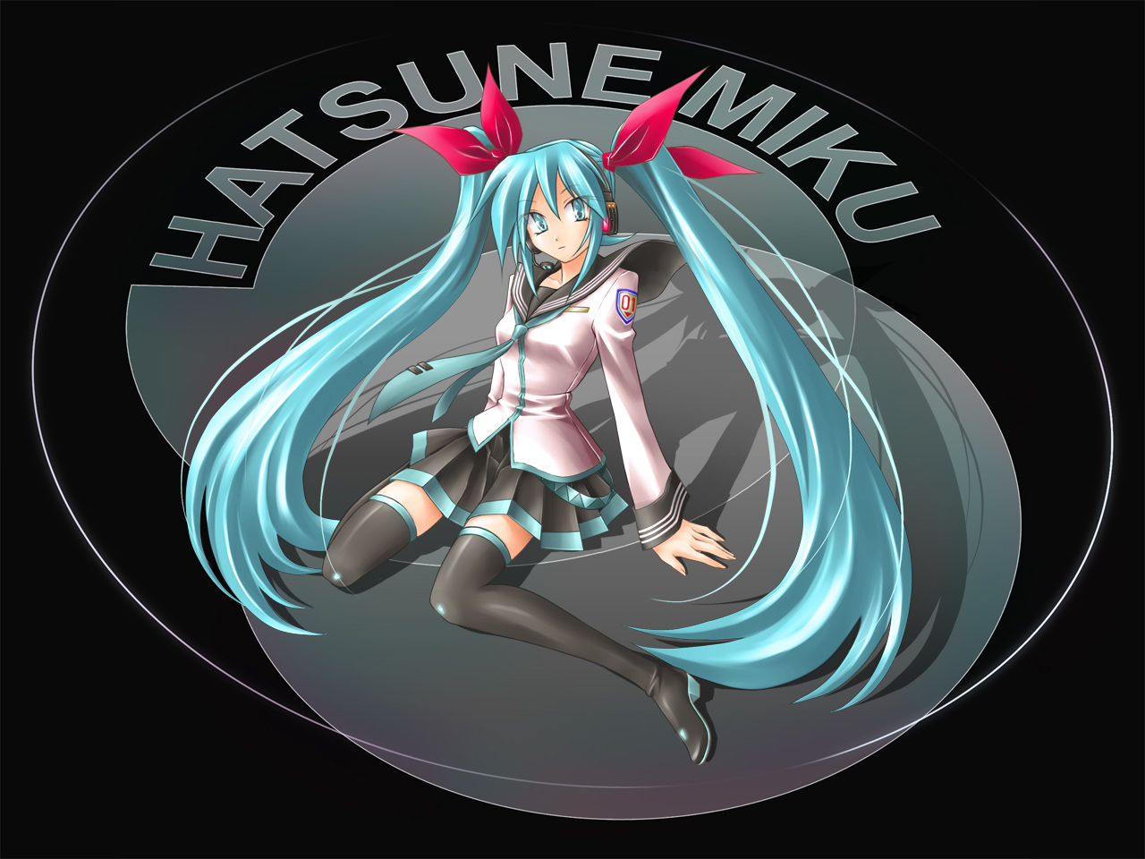 mid knight, hatsune miku, vocaloid, aqua eyes, aqua hair, character name, hair ribbon, headset, long hair, necktie, ribbon, school uniform, sitting, skirt, solo, thighhighs, twintails, very long hair