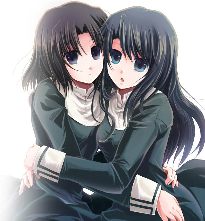tokitsukaze otoha, kokutou azaka, ryougi shiki, kara no kyoukai, 2girls, black eyes, black hair, brown hair, green eyes, hug, multiple girls, neckerchief, reien girl's academy school uniform, school uniform, white neckerchief