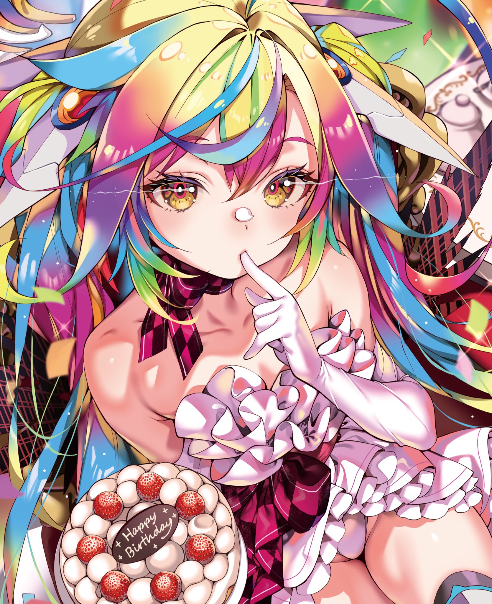 ochite miro, luminaria pro, artist request, highres, second-party source, 1girl, bare shoulders, breasts, cake, checkered collar, close-up, collarbone, detached collar, dress, elbow gloves, finger in own mouth, food, frilled dress, frills, gloves, gradient hair, hair between eyes, hair ornament, hand up, happy birthday, holding, holding cake, holding food, long hair, looking at viewer, multicolored hair, red pupils, ribbon, solo, strawberry cake, thighhighs, thighs, virtual youtuber, white gloves, yellow eyes