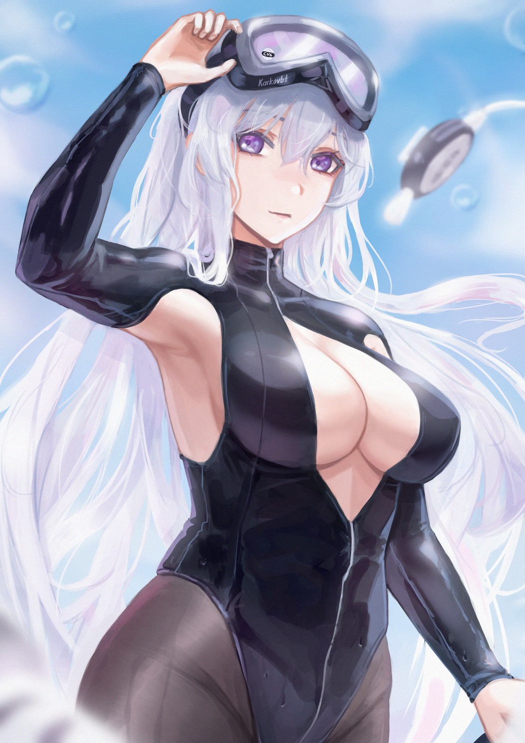 karkovb152, enterprise (azur lane), enterprise (diving under blue skies) (azur lane), azur lane, highres, mixed-language commentary, 1girl, armpit cutout, black wetsuit, bodysuit, breasts, brown pantyhose, bubble, clothing cutout, cowboy shot, diving mask, diving mask on head, diving suit, goggles, goggles on head, hair between eyes, large breasts, long hair, looking at viewer, official alternate costume, open wetsuit, pantyhose, pantyhose under swimsuit, purple eyes, solo, swim goggles, swimsuit, very long hair, wet, wetsuit