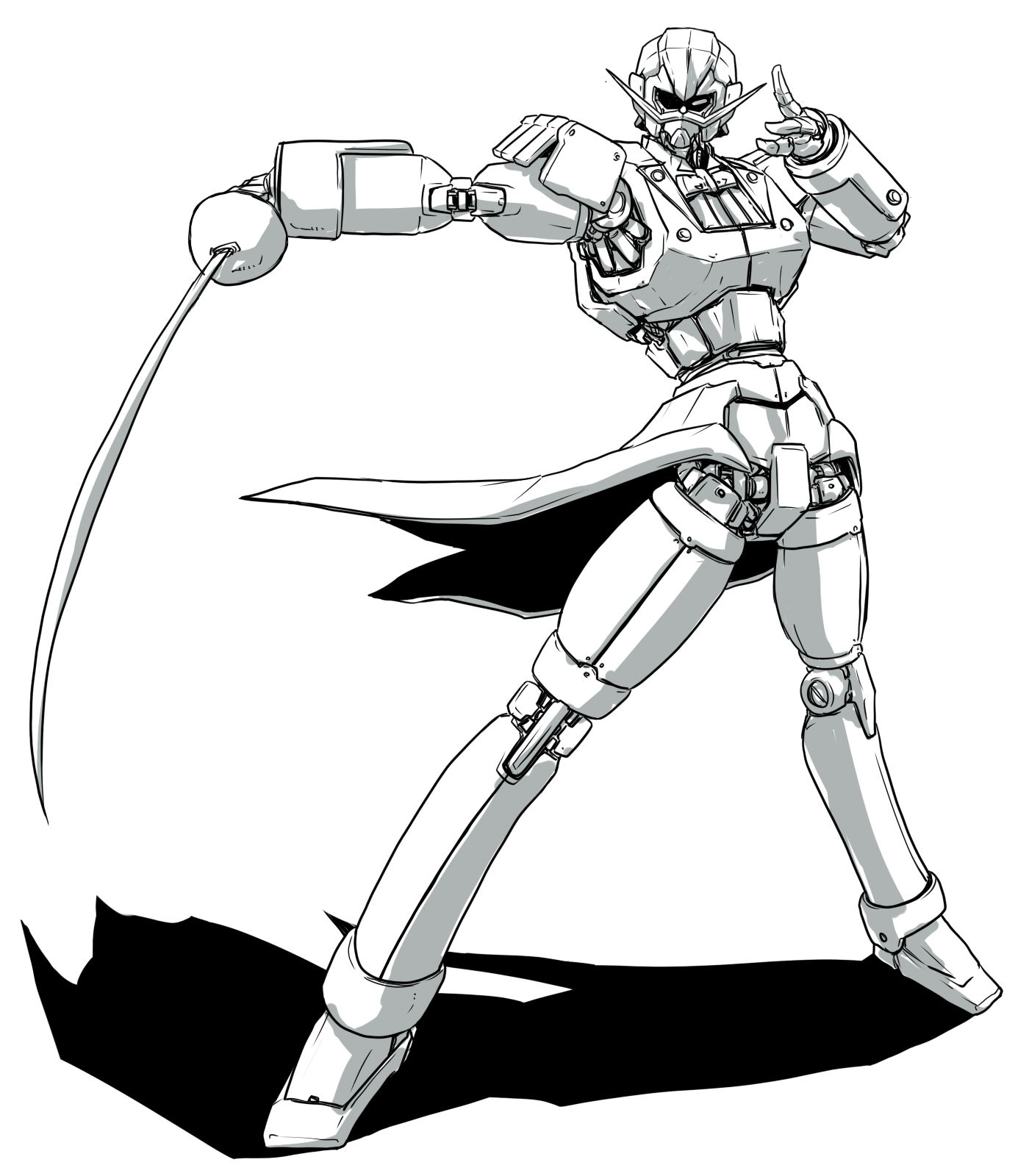 ledjoker07, g gundam, gundam, commentary request, highres, alternate form, bow, bowtie, butler bensouman, epaulettes, facial hair, full body, holding, holding sword, holding weapon, joints, mecha, mobile suit, monochrome, mustache, no humans, no pupils, partially shaded face, rapier, robot, robot joints, science fiction, shadow, simple background, solo, standing, sword, vest, waistcoat, weapon, white background
