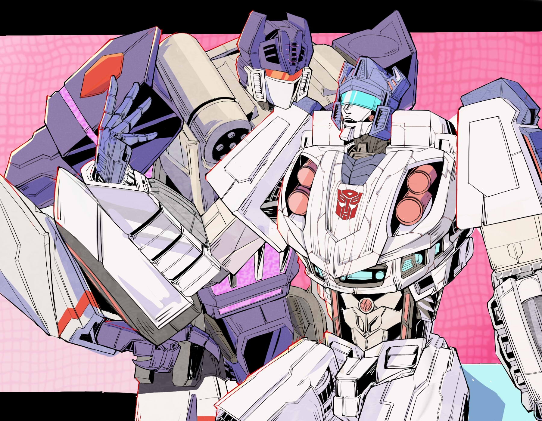 light led001, jazz (transformers), soundwave (transformers), transformers, transformers: fall of cybertron, highres, assault visor, autobot, humanoid robot, insignia, machine, mask, mecha, mouth mask, red visor, robot, science fiction, shoulder cannon