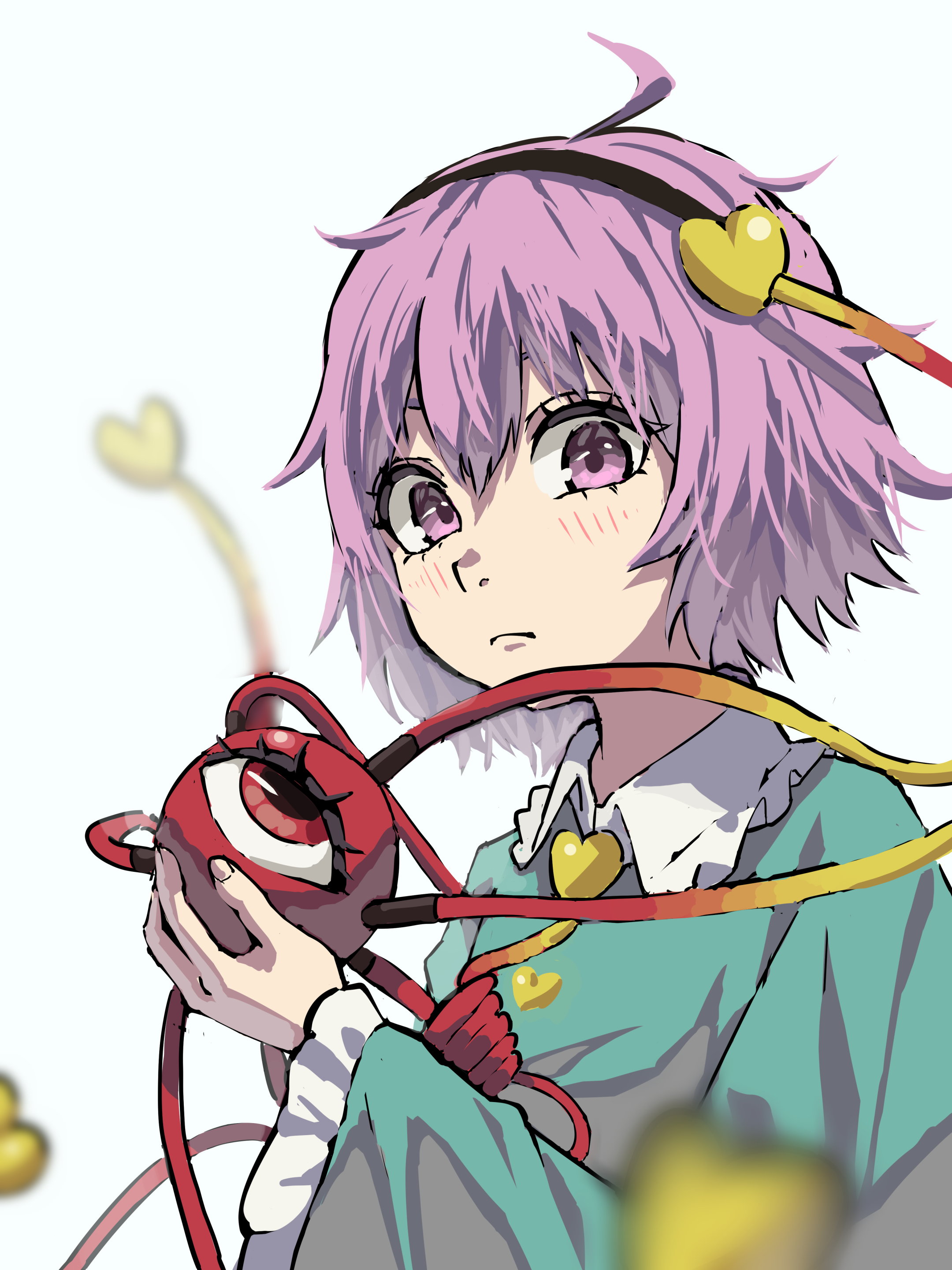 komeiji satori, touhou, absurdres, commentary request, highres, 1girl, ahoge, black hairband, blue shirt, blurry, blurry background, blurry foreground, buttons, closed mouth, depth of field, double-parted bangs, expressionless, eyeball, eyebrows hidden by hair, eyelashes, fingernails, frilled shirt collar, frills, hair between eyes, hair ornament, hairband, hand up, heart, heart button, heart hair ornament, hit0li111, light blush, long sleeves, looking at viewer, messy hair, nostrils, purple eyes, purple hair, shirt, short hair, simple background, solo, third eye, white background, wide sleeves
