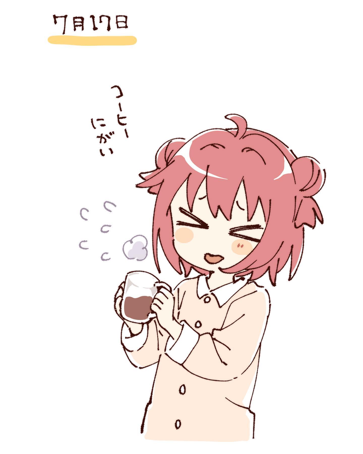 namori, akaza akari, yuruyuri, hashtag-only commentary, highres, translation request, > <, 1girl, ahoge, blush stickers, closed eyes, closed mouth, collared shirt, contrast collar, cropped torso, cup, double bun, flying sweatdrops, furrowed brow, hair bun, holding, holding cup, long sleeves, looking at viewer, pink shirt, red hair, shirt, short hair, simple background, solo, tongue, tongue out, white background