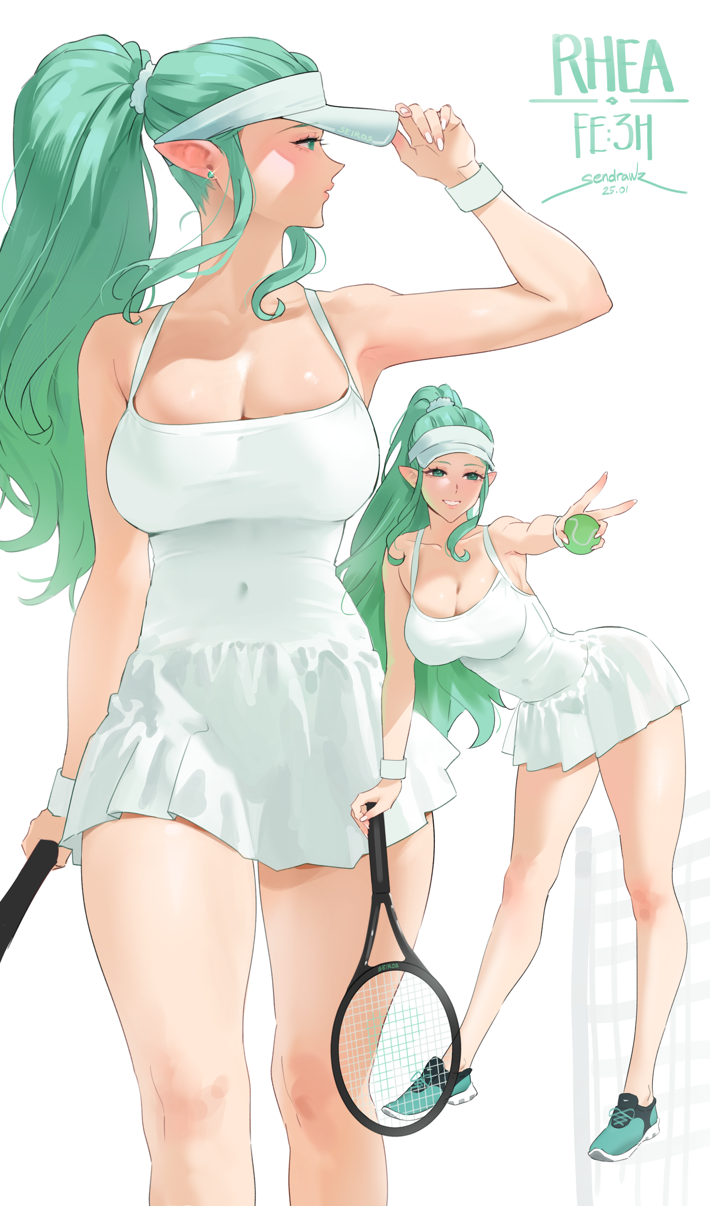 sendo (sendrawz), rhea (fire emblem), fire emblem, fire emblem: three houses, nintendo, absurdres, highres, 1girl, alternate costume, alternate hairstyle, armpits, ball, bare legs, bare shoulders, blush, breasts, cleavage, contemporary, covered navel, ear piercing, full body, green eyes, green hair, holding, holding ball, holding tennis racket, large breasts, long hair, looking at viewer, multiple views, piercing, pointy ears, ponytail, racket, smile, sportswear, tennis ball, tennis racket, tennis uniform, thighs, v, white background, wide hips
