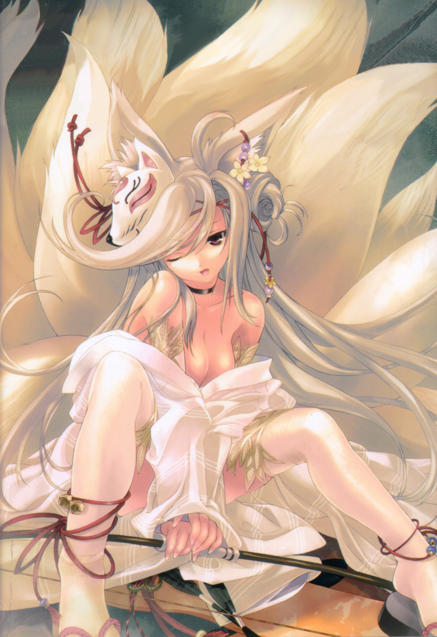 miwa yoshikazu, moe moe youkai jiten, highres, 1girl, animal ears, anklet, bell, blonde hair, bow, bow (weapon), breasts, cleavage, female focus, fox, fox ears, fox mask, fox tail, hair ornament, japanese clothes, jewelry, long hair, mask, off shoulder, one eye closed, pink eyes, shiny clothes, sitting, small breasts, solo, tail, thighhighs, weapon, wink
