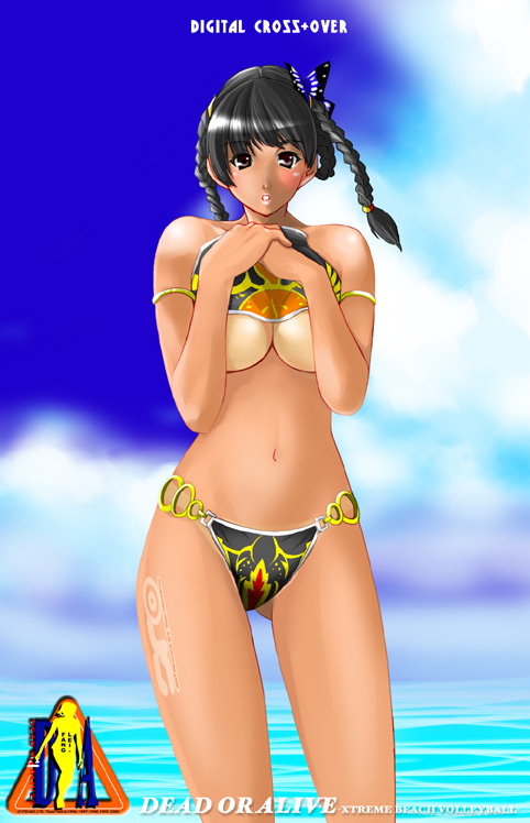 ohshima ryo, ooshima ryou, lei fang, dead or alive, tecmo, 1girl, bikini, bikini tan, black hair, blush, braid, breasts, brown eyes, cloud, copyright name, day, female focus, looking at viewer, medium breasts, o-ring, o-ring bottom, ocean, outdoors, parted lips, sky, solo, swimsuit, tan, tan tattoo, tanline, tattoo, twin braids, underboob