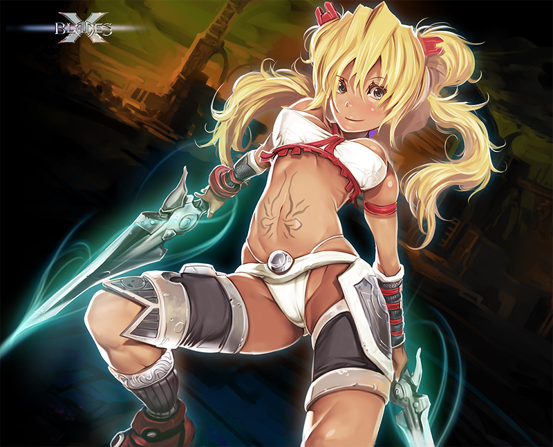 kichin yarou, ayumi (x-blades), x-blades, 1girl, armband, blonde hair, blue eyes, breasts, dark-skinned female, dark skin, female focus, gunblade, highleg, long hair, midriff, panties, smile, solo, sword, tattoo, thong, tri tails, twintails, underwear, weapon, white panties