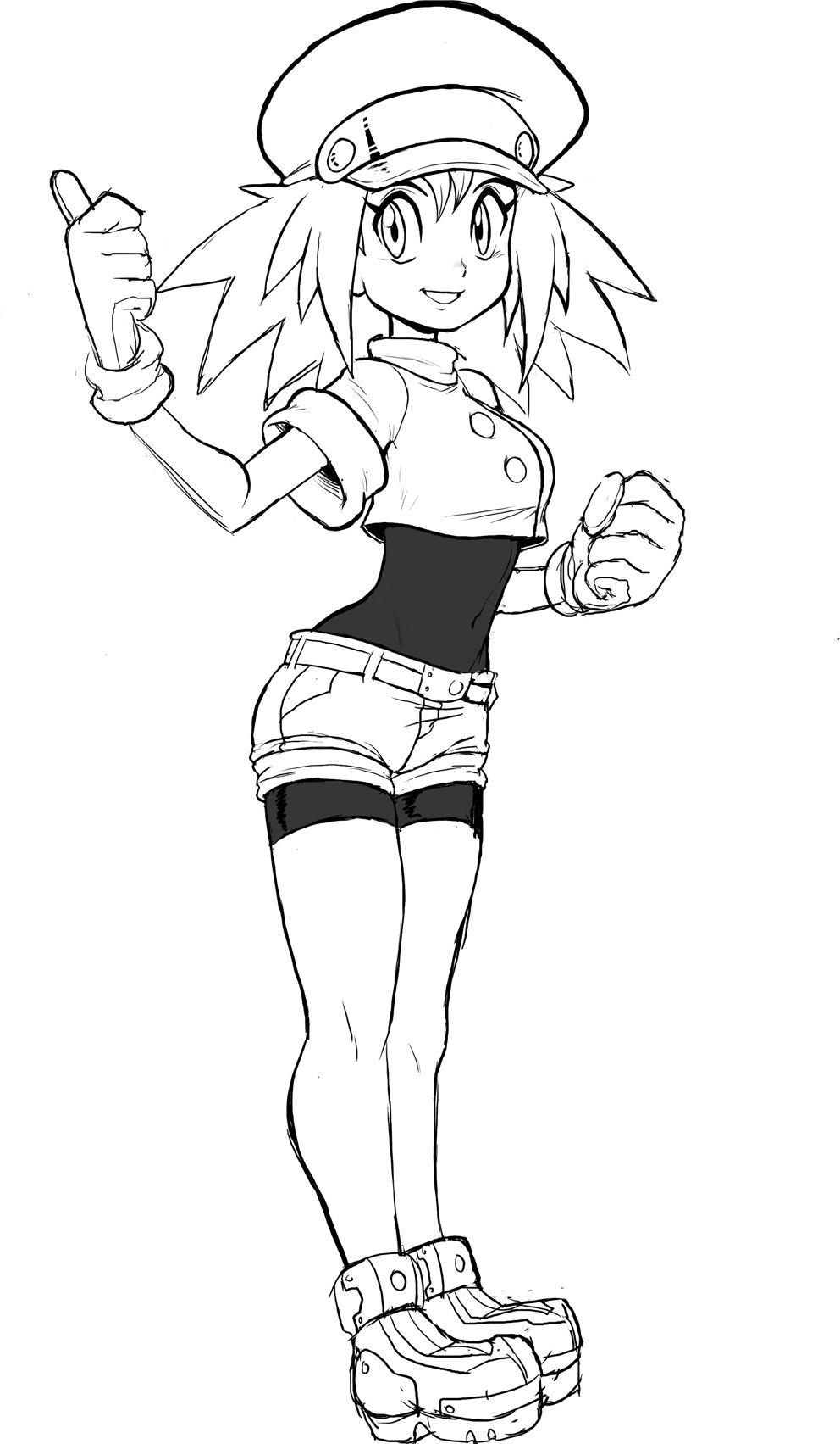 teevo, roll (mega man), mega man (series), mega man legends (series), bodystocking, crop top, gloves, hat, looking at viewer, medium hair, short shorts, shorts, sketch, thumbs up