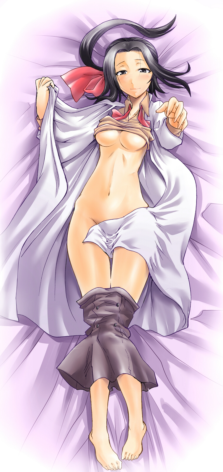 segami daisuke, mochizuki mari, devil survivor (series), devil survivor 1, highres, long image, tall image, 1girl, barefoot, bed, bed sheet, black eyes, black hair, blush, bow, breasts, dakimakura (medium), feet, female focus, full body, hair bow, lab coat, legs, lying, navel, no panties, ponytail, skirt, smile, solo, the bed, underboob, undressing