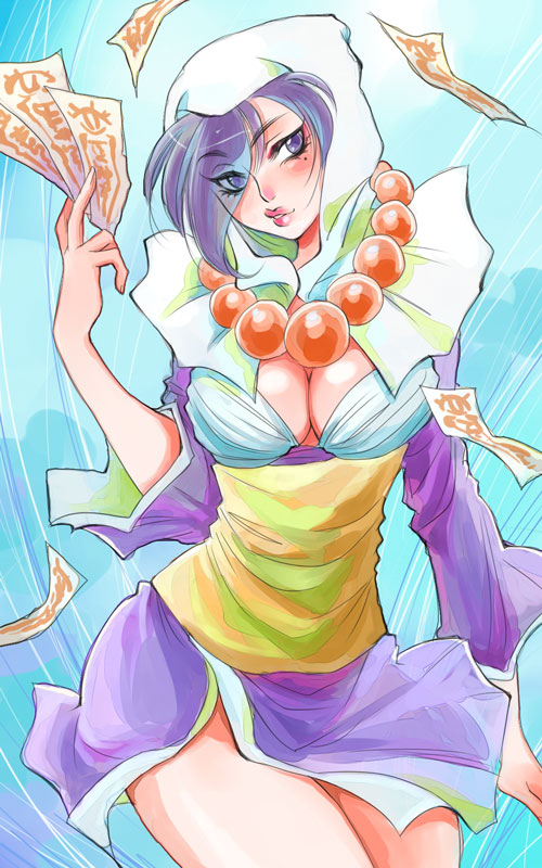sabusuka, rao, tsuzurao, ookami (game), 1girl, beads, blush, breasts, cleavage, dress, female focus, hair over one eye, hood, japanese clothes, jewelry, large breasts, lips, lipstick, makeup, mole, mole under eye, necklace, no bra, ofuda, purple eyes, purple hair, short dress, smile, solo, standing, thighs