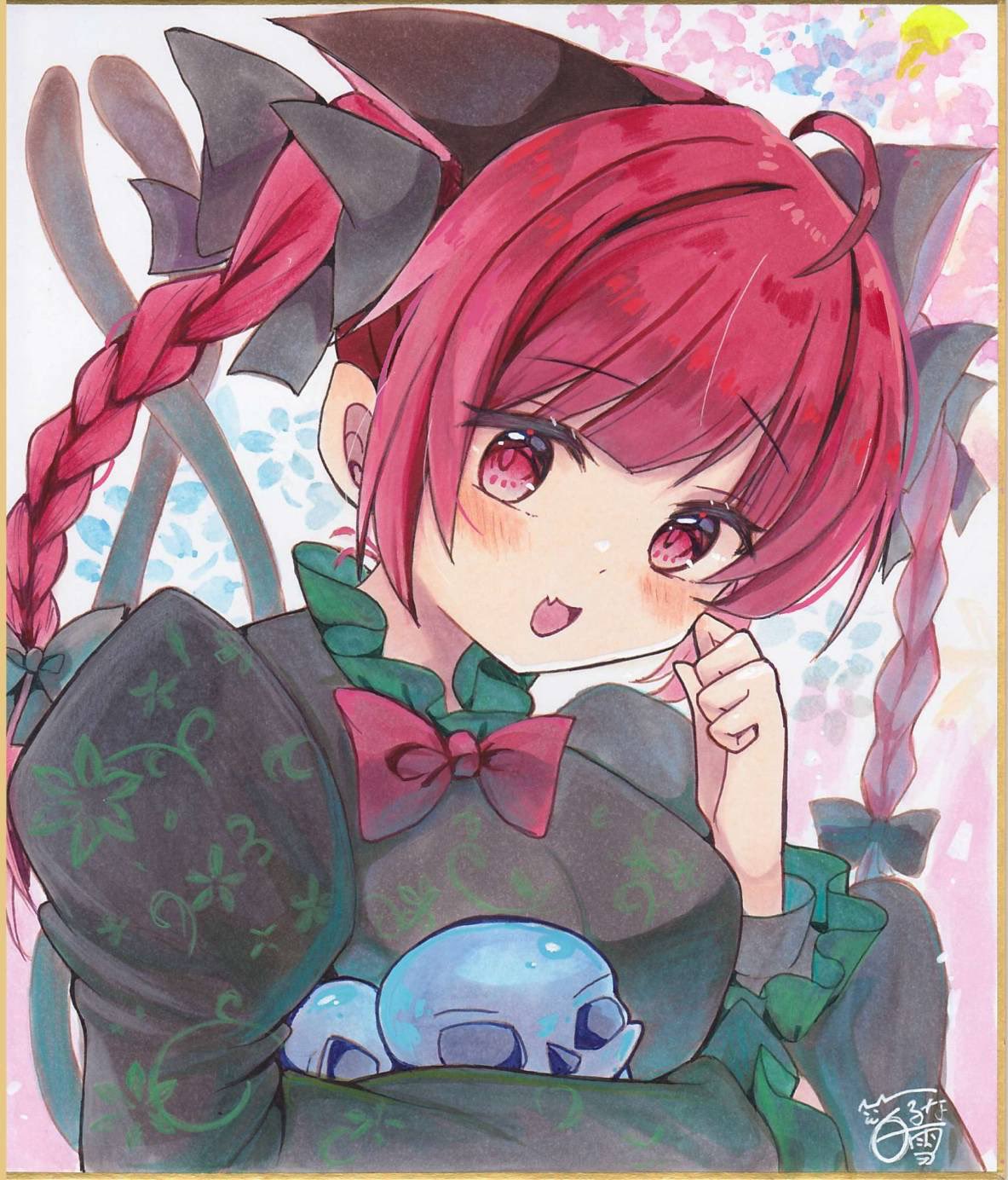 kaenbyou rin, touhou, commentary request, highres, traditional media, animal ears, blunt bangs, blush, bow, bowtie, braid, breasts, cat ears, cat girl, extra ears, fang, hoshi tea party, juliet sleeves, long sleeves, looking at viewer, medium hair, open mouth, puffy sleeves, red bow, red bowtie, red eyes, red hair, side braids, signature, skin fang, skull, twin braids, upper body, white background