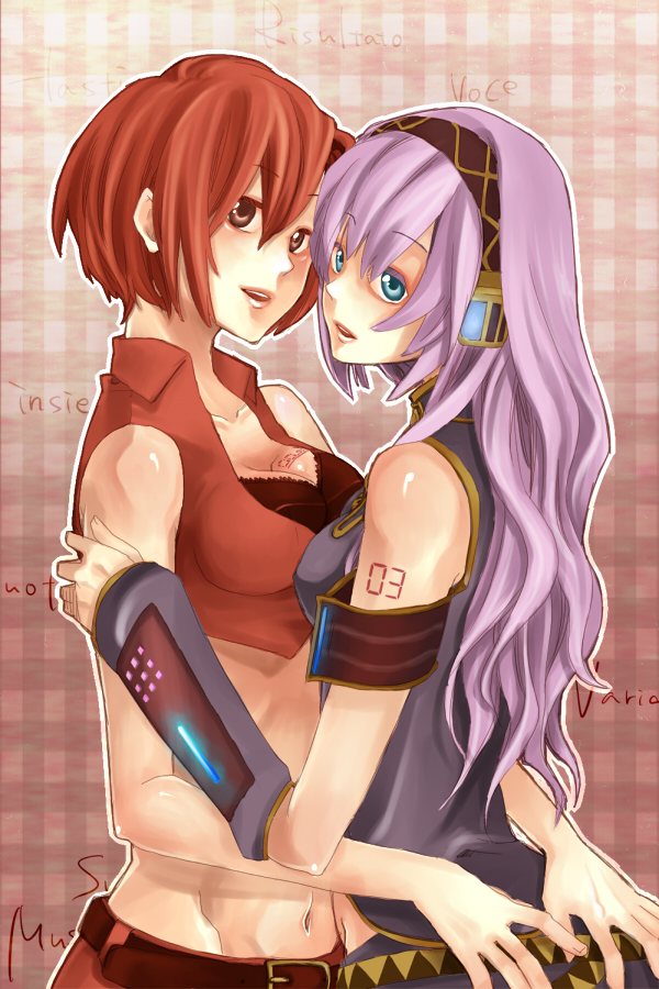 ichinashi, megurine luka, meiko (vocaloid), vocaloid, bad id, bad pixiv id, 2girls, belt, blue eyes, bra, breast press, breasts, brown eyes, brown hair, cleavage, detached sleeves, headset, lingerie, long hair, medium breasts, midriff, multiple girls, navel, pink hair, red eyes, red hair, short hair, small breasts, symmetrical docking, underwear, very long hair, yuri