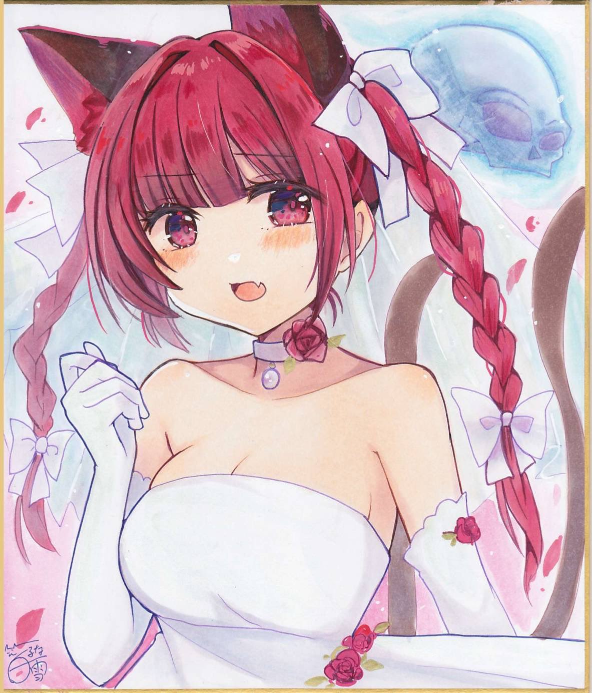 kaenbyou rin, touhou, commentary request, highres, traditional media, 1girl, animal ears, blush, bow, braid, breasts, bridal veil, cat ears, cat girl, cat tail, choker, cleavage, collarbone, dress, elbow gloves, extra ears, fang, gloves, hair bow, hoshi tea party, large breasts, long hair, looking at viewer, multiple tails, open mouth, red eyes, red hair, side braids, skin fang, solo, tail, twin braids, upper body, veil, wedding dress, white bow, white choker, white dress, white gloves