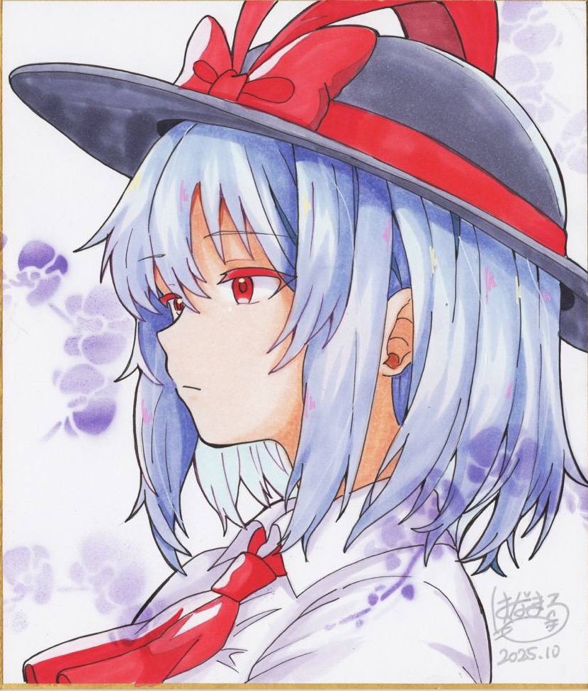 nagae iku, touhou, commentary request, traditional media, 1girl, ascot, black bow, bow, closed mouth, dated, from side, hat, hat bow, hoshi tea party, purple hair, red ascot, red bow, red eyes, short hair, signature, solo, upper body, white background