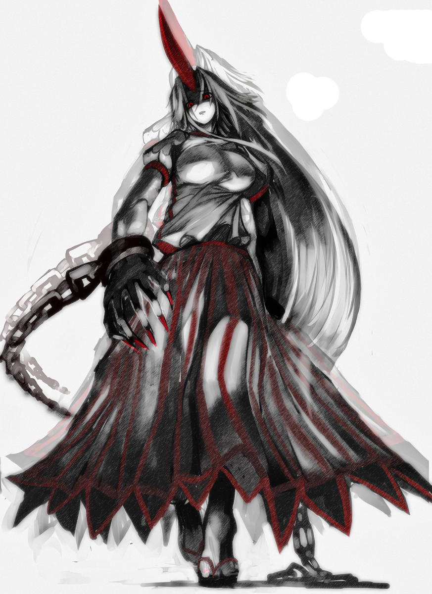 arugeri, hoshiguma yuugi, touhou, highres, 1girl, afterimage, chain, female focus, fingernails, horns, long fingernails, long hair, looking down, monochrome, nail (hardware), nail polish, red eyes, sandals, single horn, solo, spot color, walking, zouri