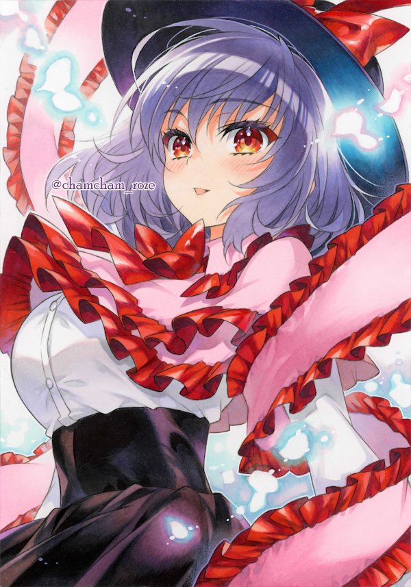 chacham, nagae iku, touhou, commentary, traditional media, 1girl, black hat, black skirt, bow, breasts, capelet, frilled shawl, frills, hat, hat bow, high-waist skirt, looking at viewer, open mouth, pink capelet, purple hair, red bow, red eyes, shawl, short hair, skirt, solo, twitter username, upper body