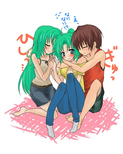 maebara keiichi, sonozaki mion, sonozaki shion, higurashi no naku koro ni, 00s, 1boy, 2girls, barefoot, blush, brown hair, couple, green hair, holding hands, hug, hug from behind, long hair, multiple girls, oekaki, ponytail, short hair, siblings, sisters, sitting, socks, twins